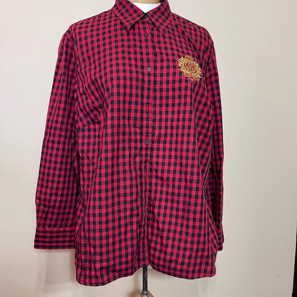 Lauren Ralph Lauren Tops - LAUREN Ralph Lauren Womens Red Black Gingham Crest Embroidered Button Shirt 2X